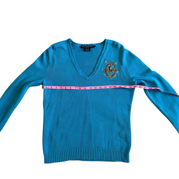 VTG Ralph Lauren Turquoise Crescent Sweater V-Neck Long Sleeve Pullover Size XL - Picture 7 of 16